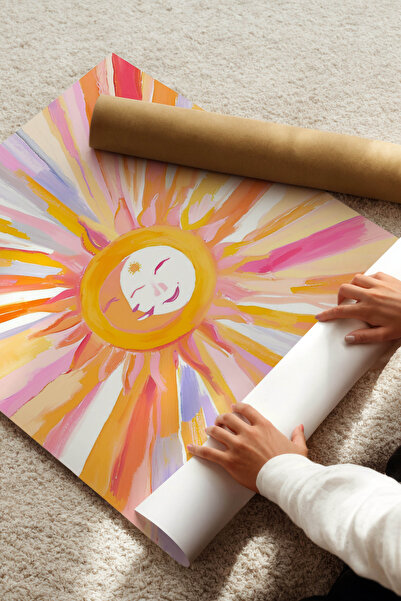 Alf Portraits Gülümseyen Güneş İllüstrasyonu Çerçevesiz Poster, Sarı Güneş Poster Duvar Dekoru