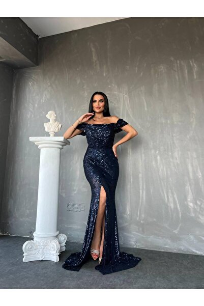 zoe star Andrea Arkası Bağlamalı Detaylı Degaje Yaka Uzun Boy Payet Önü Yırtm...
