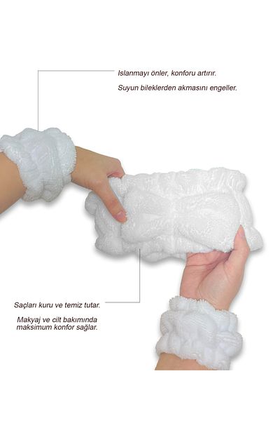 MEŞELİ TEKSTİL Extra Soft White Bath Spa Set - 1 Elastic Hair Bandana, 2 Cotton Washing Bracelets