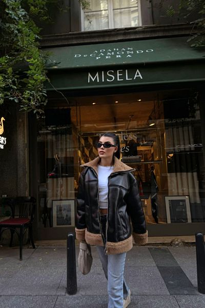 modaserdem    Leather Coat with Collar and Sleeve Manchet Fur Detail - Black-Tan