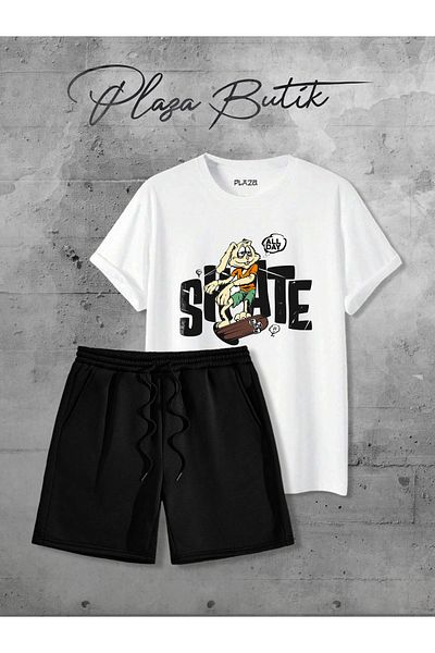 Plaza Butik Skate Printed Shorts T-Shirt Bottom-Top 2 Piece Set