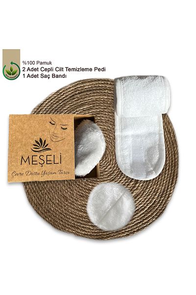 MEŞELİ TEKSTİL Washable Organic 1 Make-up Hair Band and 2 Skin Cleansing Pads Set of 3