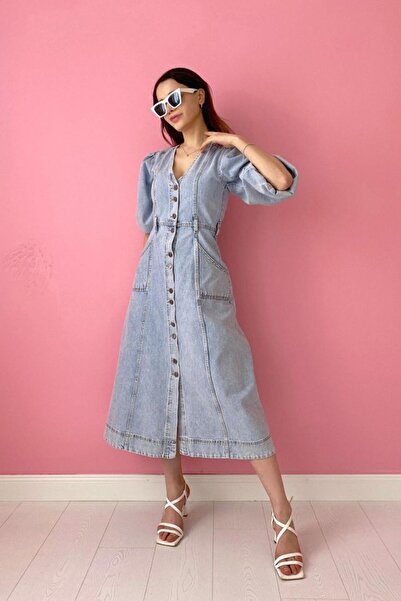buğrahayalin Snow Wash Balloon Sleeve Denim Dress