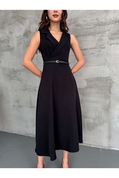 Elif Özbey Butik Black Double Breasted Belted A-Line Dress