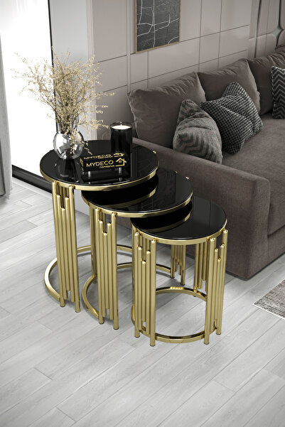 home plus mobilya Himalaya Piyano 3'Lü Gold Siyah Zigon Sehpa Takımı