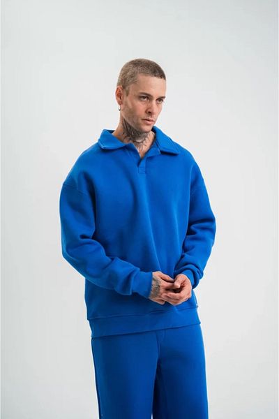 MODAVERA Unisex Double Oversize Placket Collar Sweatshirt - Blue