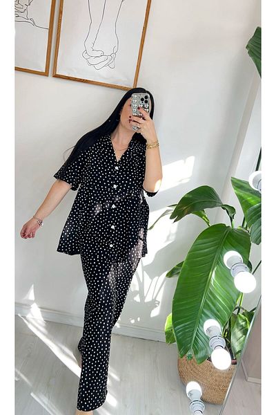 Pijamapartisi Polka Dot Combed Cotton Fabric Maternity Postpartum Pajamas Set on Black