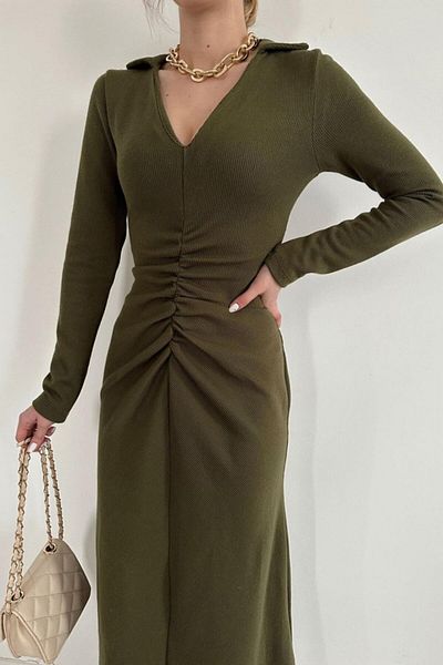 Kokosh moda Χακί Πλεκτό Φόρεμα Ψαριού