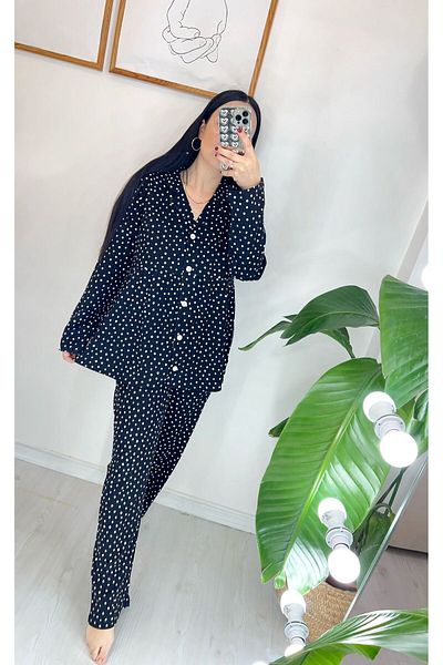 Pijamapartisi Polka Dot Long Arm Combed Cotton Fabric Maternity Postpartum Pajama Set on Black Color
