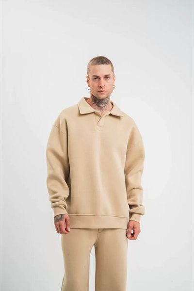 JANES Μπεζ Χρώμα Unisex Διπλό Oversize Φούτερ - Γιακάς με Πατιλέτα