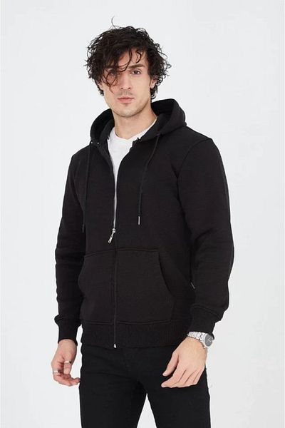 İpeksi Silky Men's Hooded Plain Zip Cardigan - Black