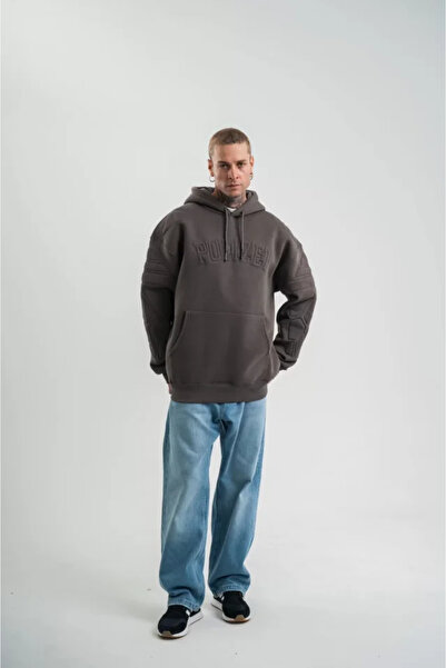 Deridün Yıldız Shoes Double Oversize Hooded Embroidered Sweatshirt - Smoked