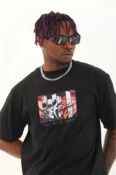 Bay Şapkacı Silky Unisex Oversize Printed Crew Neck T-Shirt - Black