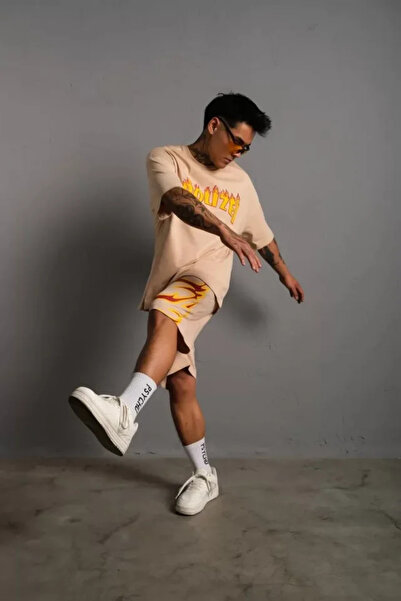 Modayakamoz Beige Men's Double Shorts Set - Flame Printed