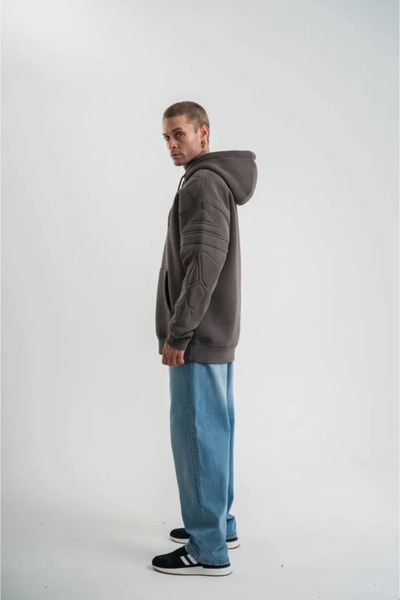 Deridün Yıldız Shoes Double Oversize Hooded Embroidered Sweatshirt - Smoked