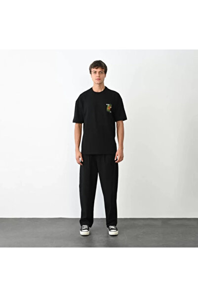oniks store Unisex Crew Neck Printed Oversize T-Shirt - Black