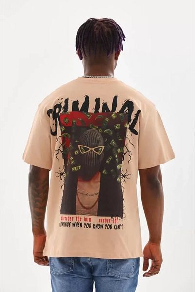 Modayakamoz Μπεζ μπλουζάκι Unisex Oversize με στάμπα