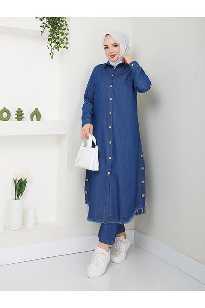 PALME D'OR Women's Wooden Button Detailed Trousers Double Denim Suit