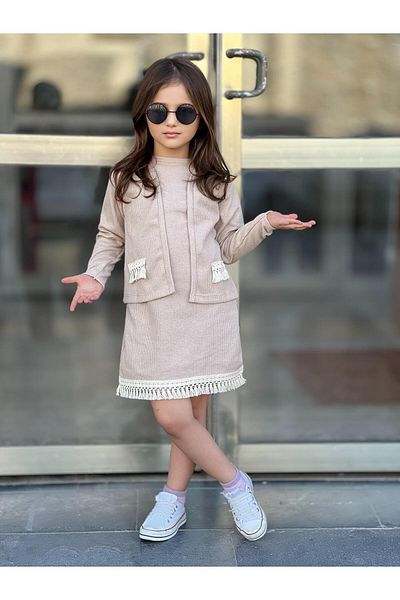 renkli diyar Girl's Dress and Cardigan Double Bayramlik
