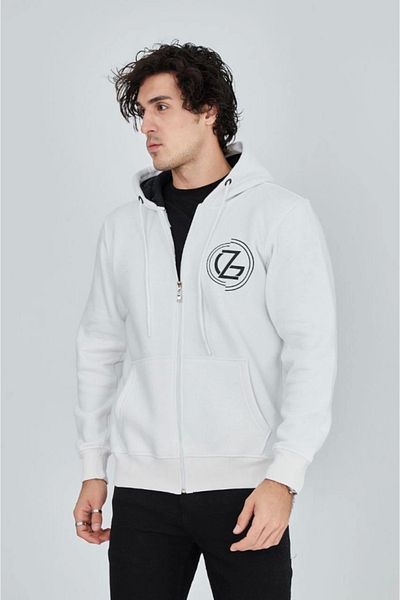 leyla sanat sanata yeni bir bakış açısı Leyla Sanat a New Perspective on Art Men's Hooded Printed Zip Cardigan - White