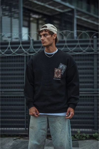 Bay Şapkacı Silky Long Sleeve Crew Neck Printed Sweatshirt - Black