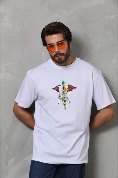 JANES Λευκό μπλουζάκι Unisex Oversize με στάμπα με λαιμόκοψη