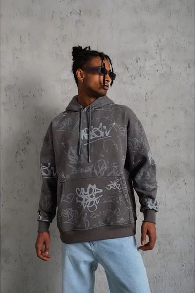 JANES Ανδρικό εμπριμέ με κουκούλα Ribbed Sweat - Γκρι