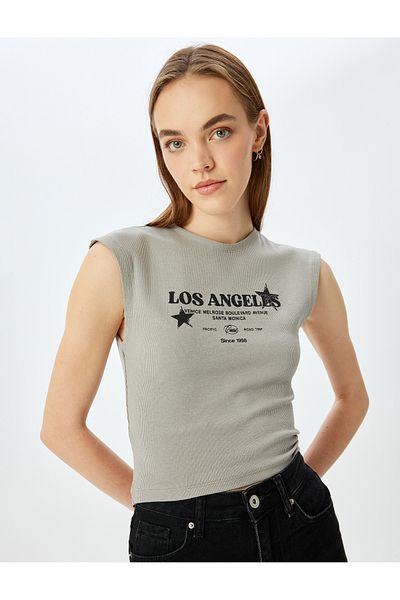 Koton Crew Neck College Printed Sleeveless Crop T-Shirt