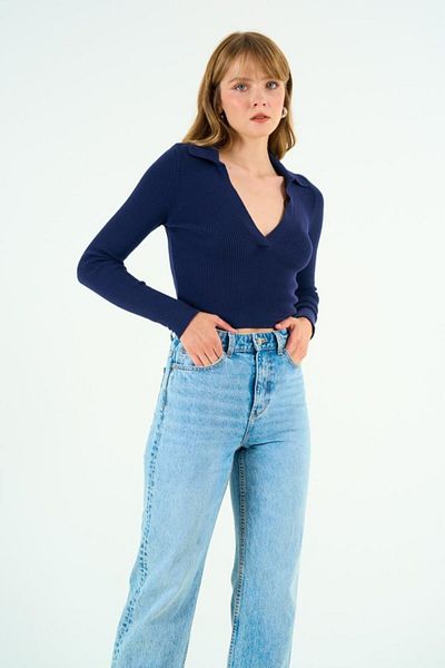 Qu Style Pulover cu guler polo Fashion Wanilia - Bleumarin
