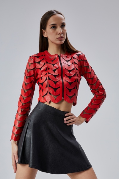 KENT Crop Leaf Patterned Genuine Leather Women's Jacket