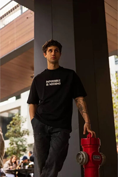 oniks store Unisex Crew Neck Printed Oversize T-Shirt - Black