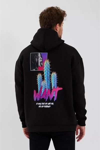 İpeksi Silky Men's Printed Three Thread Hooded Oversize Sweatshirt - Black