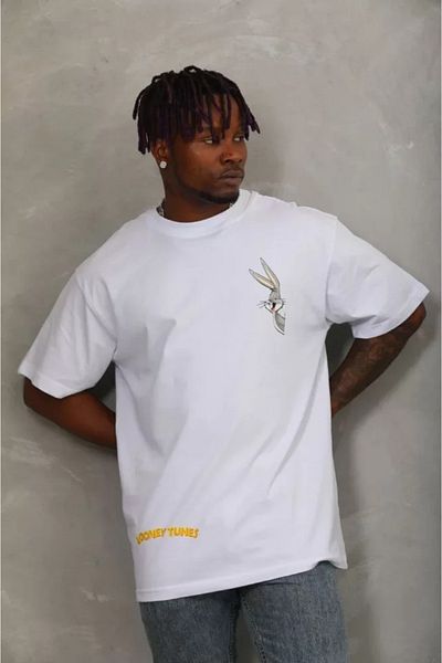 Viyamo Λευκό μπλουζάκι Unisex Oversize με στάμπα με λαιμόκοψη