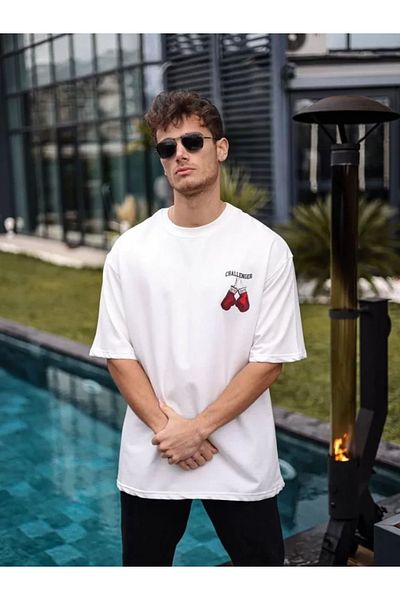 Viyamo Λευκό μπλουζάκι Unisex Oversize με στάμπα με λαιμόκοψη