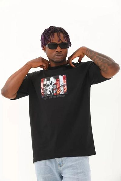 Bay Şapkacı Silky Unisex Oversize Printed Crew Neck T-Shirt - Black