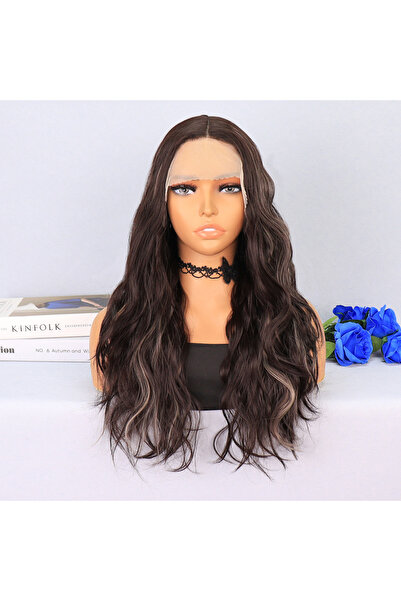 Mina Peruk Koyu Kumral Platin Işıltılı Hafif Dalgalı Tül Peruk
