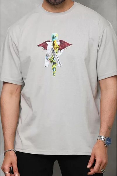 JANES Γκρι μπλουζάκι Unisex Oversize Crew Neck με στάμπα