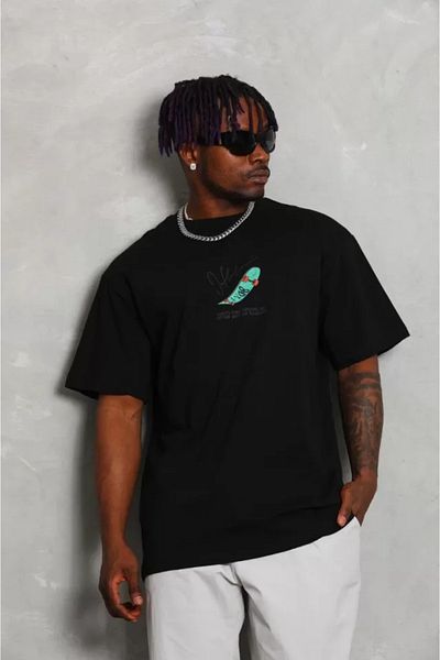 Modayakamoz Unisex Oversize εμπριμέ μπλουζάκι με λαιμόκοψη - Μαύρο