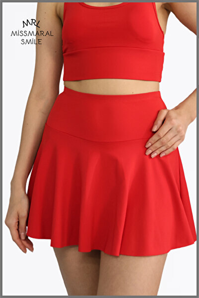 missmaral Kırmızı Etek Içi Sabit Şortlu Lycralı Yüksek Bel Skirt With Shorts Casual Beachwear Tennis 1101