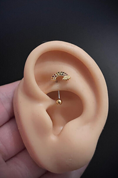 Blisse Piercing Kadın Gökkuşağı Figürlü Renkli Zirkon Taşlı Rook ve Kaş Çelik Piercing