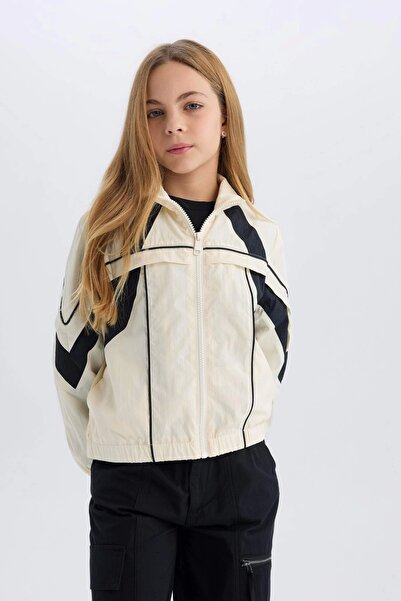 DeFacto D6936 Екрю Дівчачий водовідштовхувальний плащ з капюшоном, блискавкою та кишенями