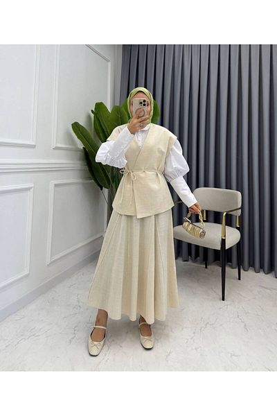 Molly Nelly Women's Linen Ecru Vest Skirt Oversize Set