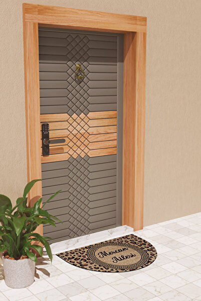 Rugmood Modern Dijital Paspas Kahverengi Kişiye Özel Leopar Soyisim Paspas - Kapı Önü Paspası