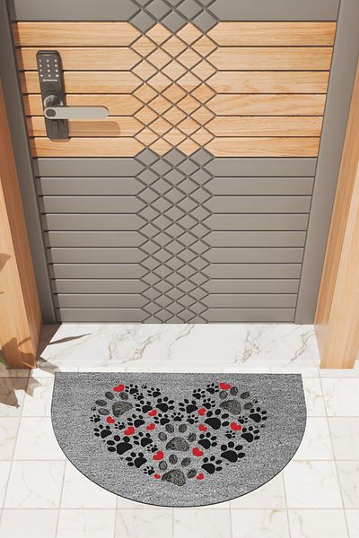 Rugmood Modern Digital Doormat Gray Heart and Paws - Door Front Mat