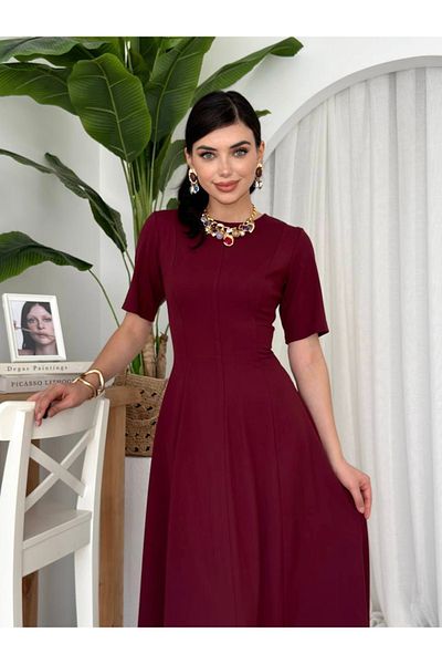 Afiş Butik Rochie lungă plisată cu decolteu rotund burgundy