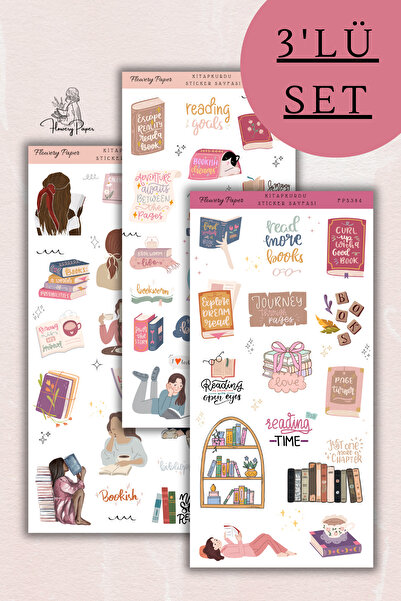 Flowery Paper 3'lü Kitapkurdu Sticker Sayfası - 50 adet ,Defter,ajanda ,journ...