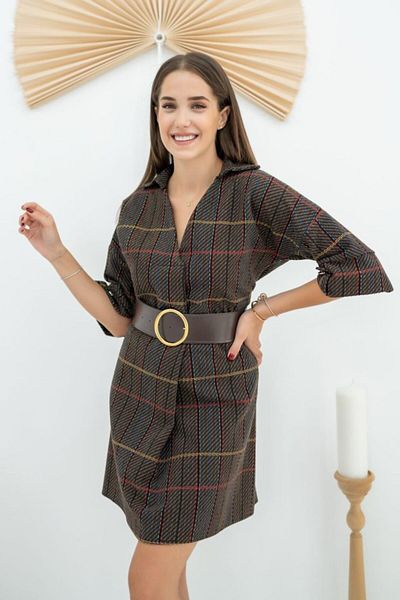 modaserdem Brown Striped Mini Dress with Belt