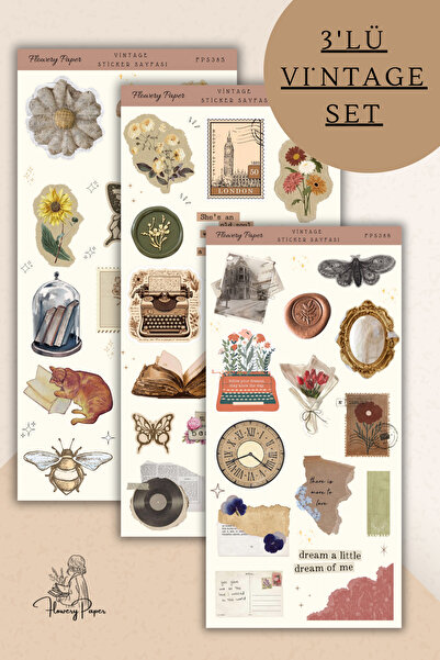 Flowery Paper 3'lü Vintage Sticker Sayfası - 42 adet ,Defter,ajanda ,journal,...