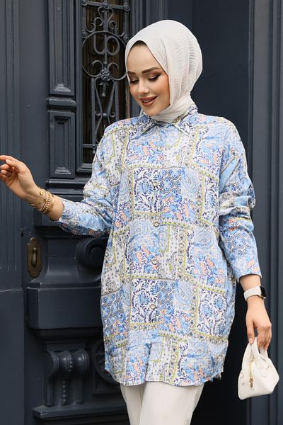 Neva Style منقوشة ساكس الأزرق الحجاب تونك 20410SX