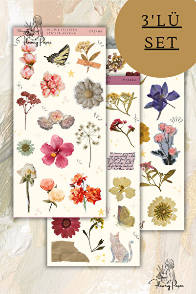 Flowery Paper 3'lü Şeffaf Kuru Çiçekle Sticker Sayfası - 42 adet, Defter,ajan...